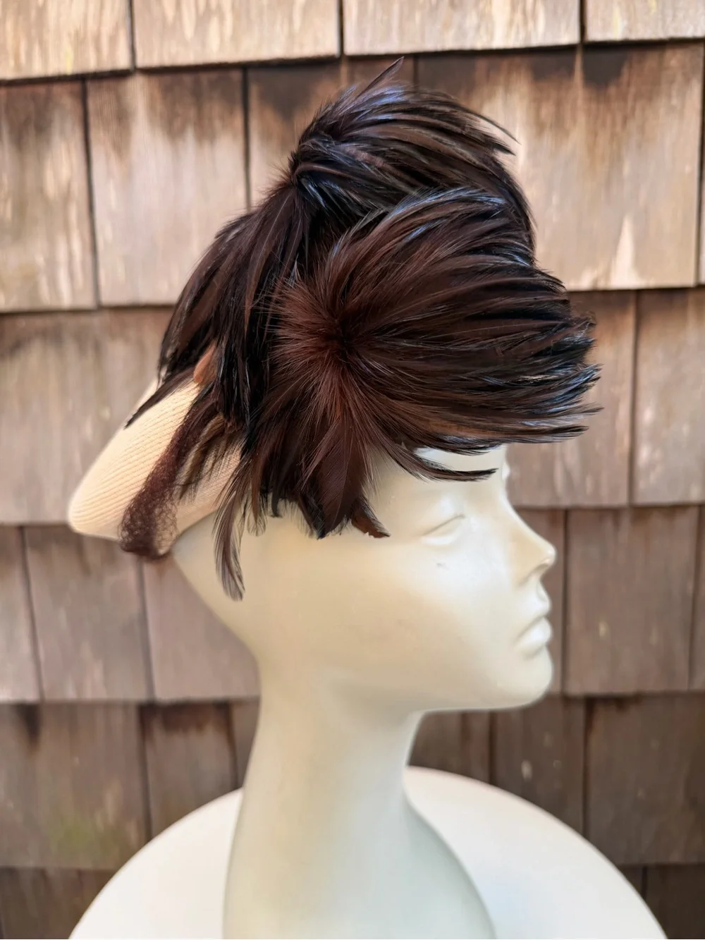 Vintage faux straw beige pillbox hat bows & brown feathers accent tassels 21.5”.